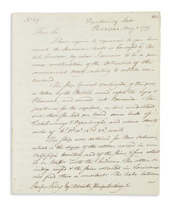 PICKERING, TIMOTHY. Autograph Letter Signed, as Secretary of State, to the U.S. Ambassador to Great Britain Rufus King,